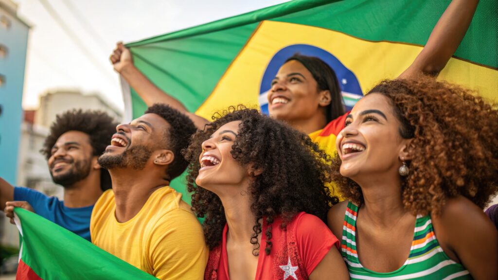 diverse young adults celebrate with brazilian flags lively outdoor gathering generative ai