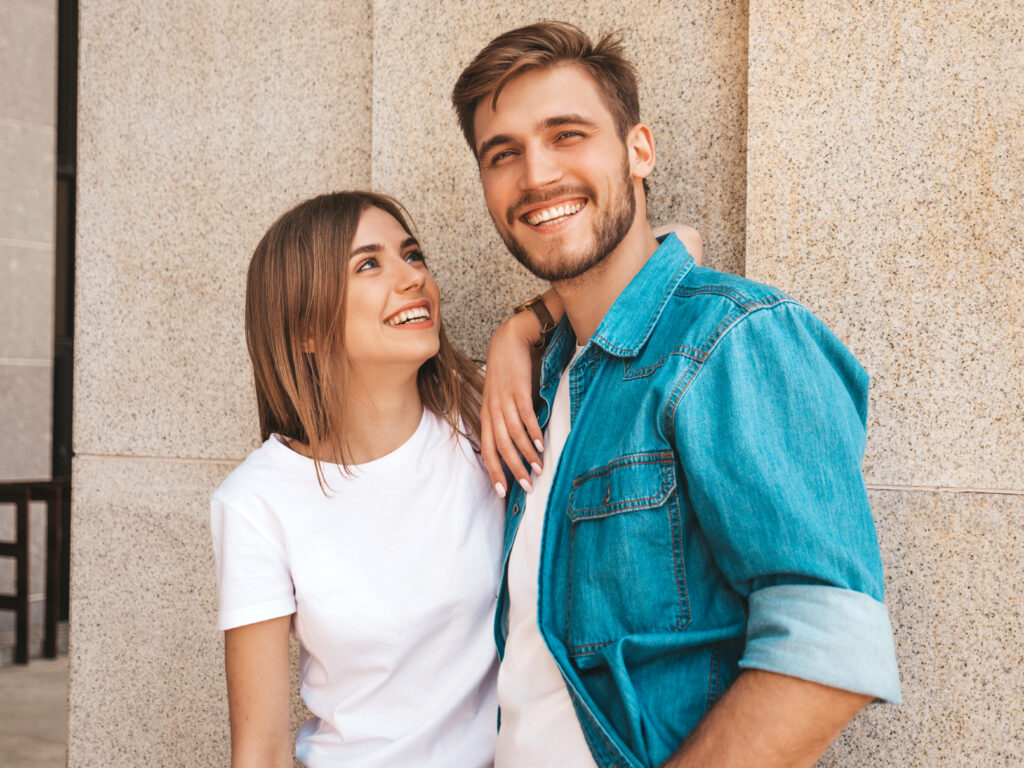 portrait smiling beautiful girl her handsome boyfriend woman casual summer jeans clothes
